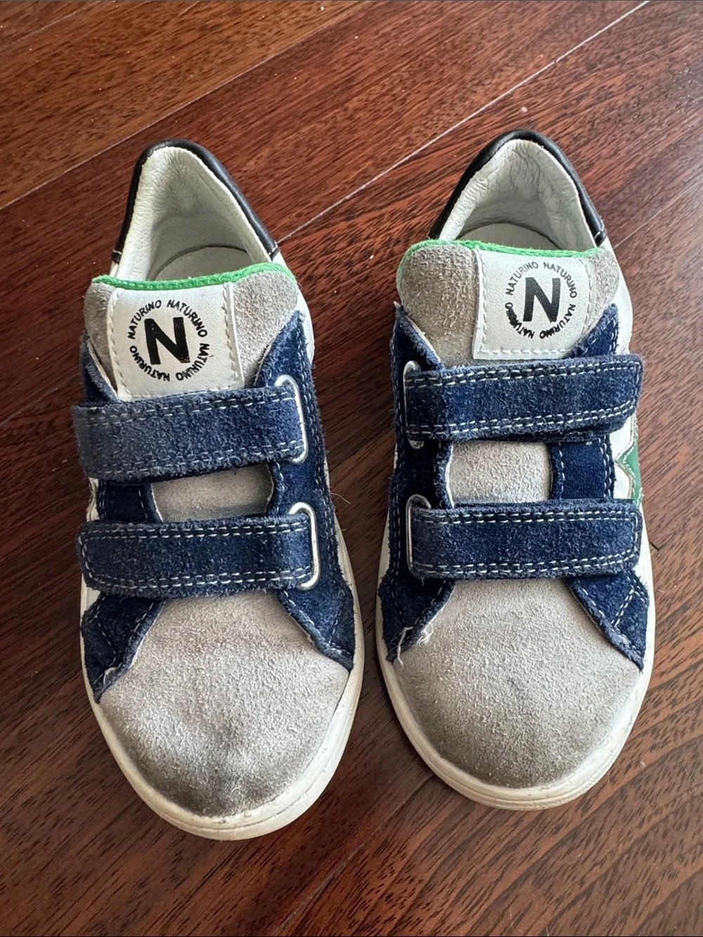 Kids Naturino Grey and Navy Suede Velcro Sneakers with Green Accent